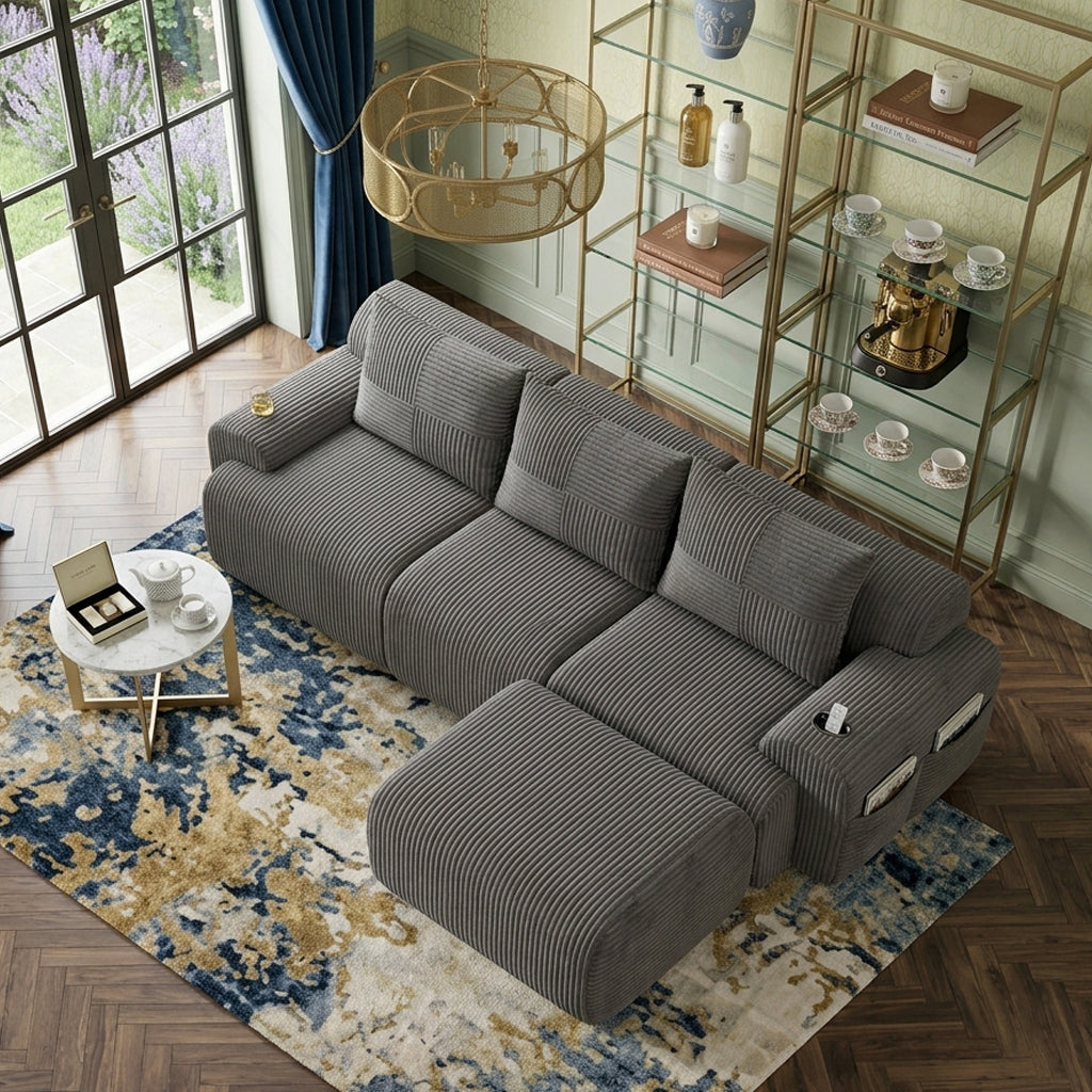 3-seater L-shaped modular corduroy sofa with ottomans, dark grey lounge RACKMARBLE