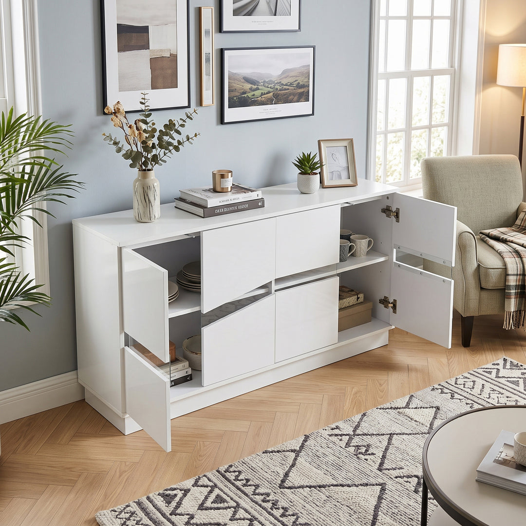 White High-Gloss Sideboard&nbsp;with 4 Doors & LED Lighting 140cm WICKERTABLE