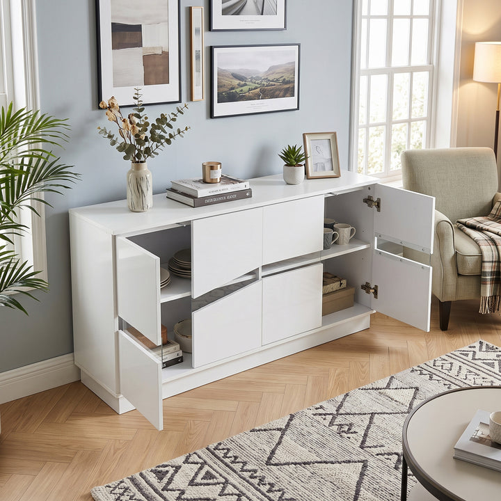 White High-Gloss Sideboard&nbsp;with 4 Doors & LED Lighting 140cm WICKERTABLE