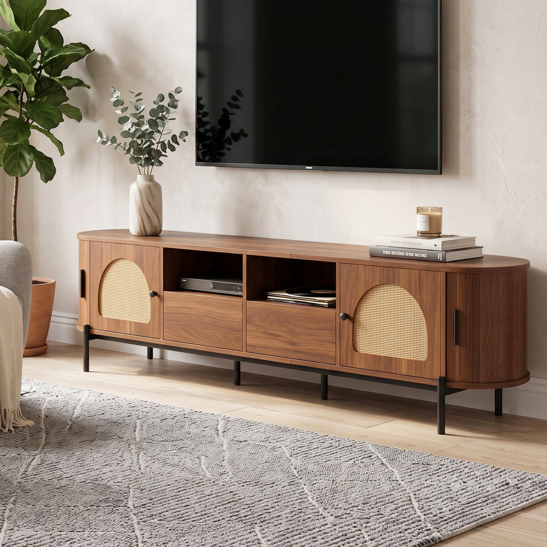 Vintage walnut TV cabinet with rattan doors drawers open storage RACKFLEX