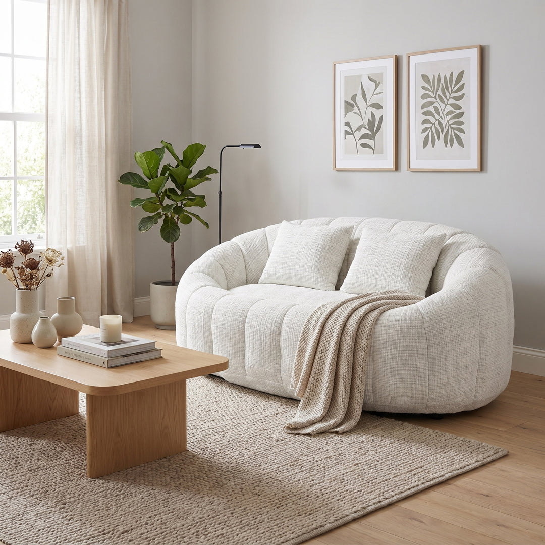 Contemporary Beige Chenille Curved Barrel Chair and Cuddle Lounger with 2 Pillows WOOLCHAIR
