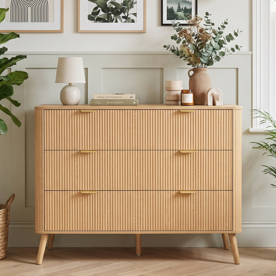 3-Drawer Scandinavian Oak-look Sideboard with Fluted Fronts 100cm ARROWDESK