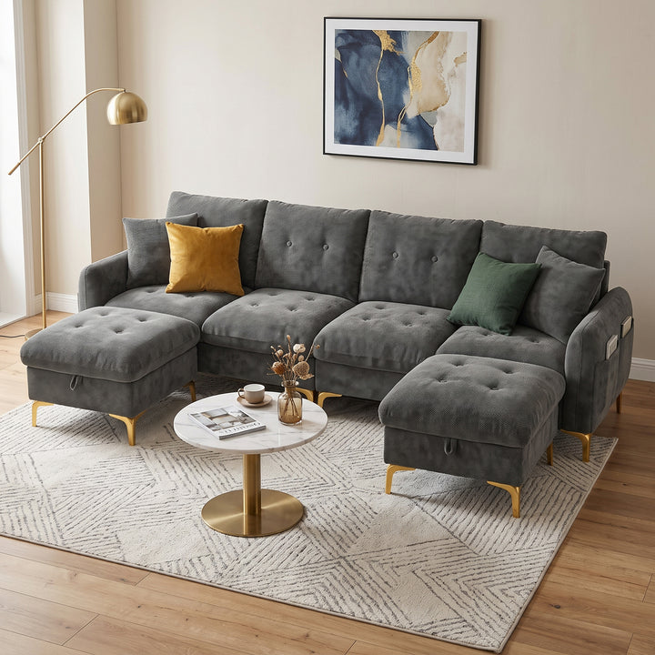 U-shaped tufted 4-seater modular sofa with 2 storage ottomans, chenille grey and golden legs QUADSHELF
