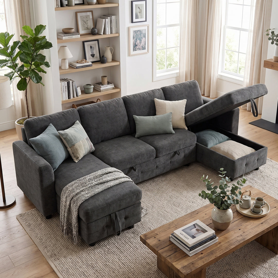 U-Shaped Sectional Sofa Grey Chenille with Pull-Out Bed &amp; 2 Storage Chaises 260cm ARROWCABINET