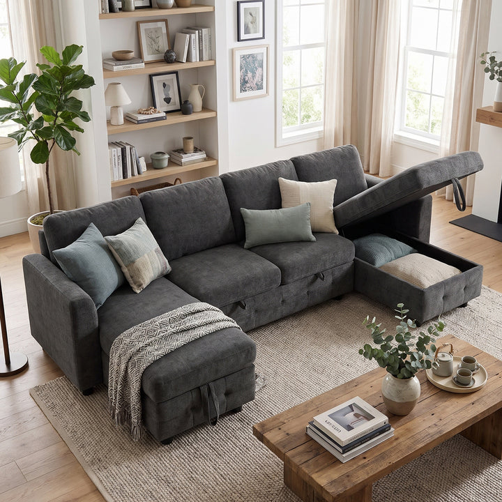 U-Shaped Sectional Sofa Grey Chenille with Pull-Out Bed &amp; 2 Storage Chaises 260cm ARROWCABINET