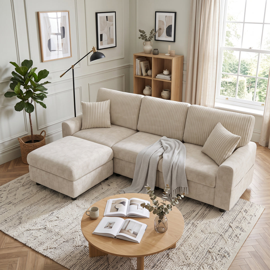 L-Shaped Sofa Beige Chenille and Corduroy with Footstool 223cm WOODPRO