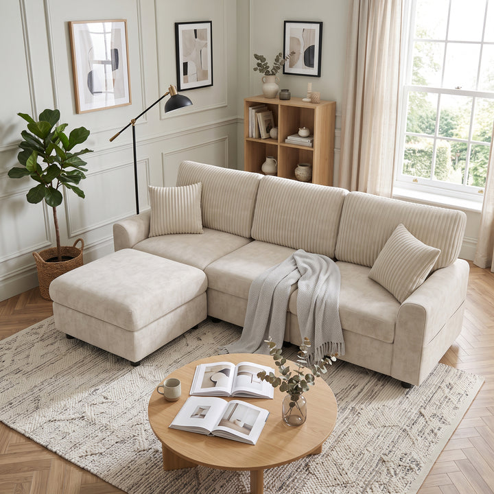 L-Shaped Sofa Beige Chenille and Corduroy with Footstool 223cm WOODPRO