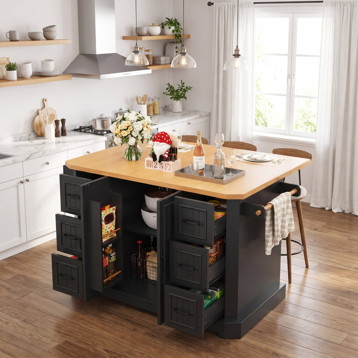 Black Kitchen Island Cart on Wheels with 6 Drawers & Cabinet ARROWSCREEN