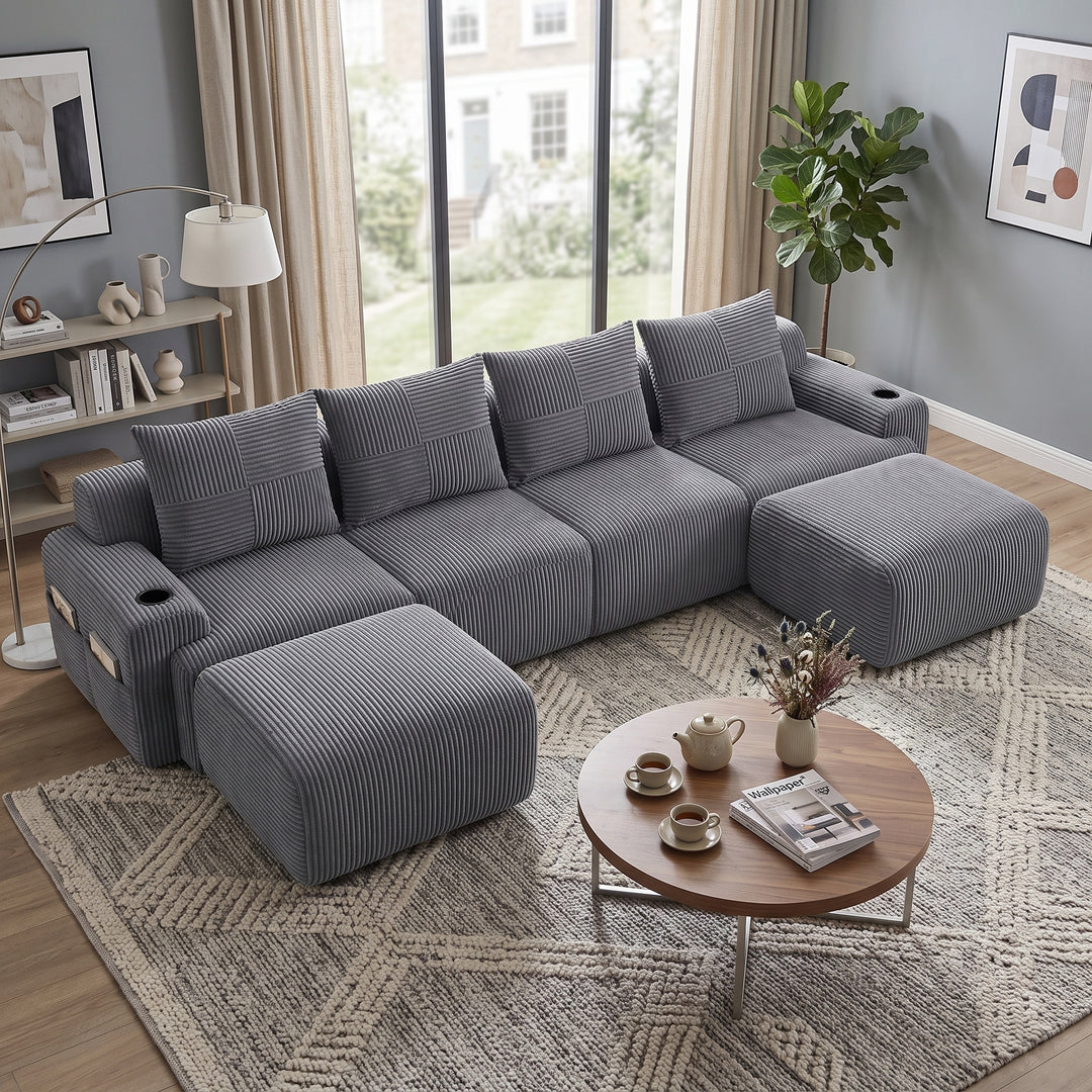 4-seaters modular corduroy sofa with 2 ottomans, dark grey RACKONE