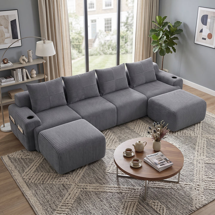 4-seaters modular corduroy sofa with 2 ottomans, dark grey RACKONE