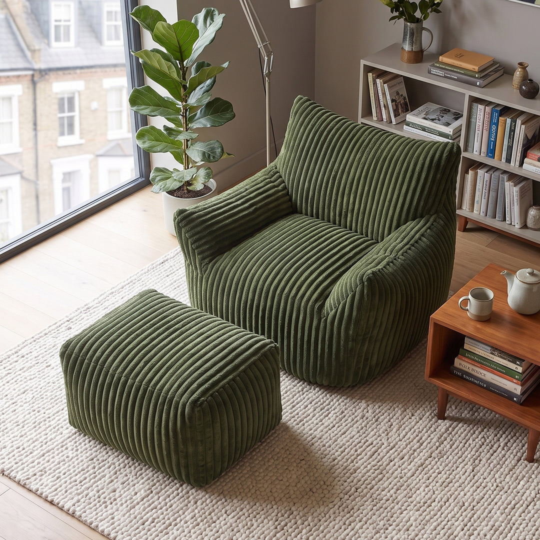 Green corduroy bean bag chair with footstool, comfy lounge seat QUADTHROW