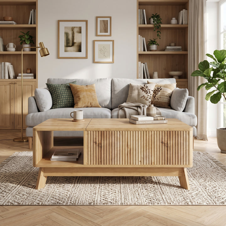 Oak Lift-Top Coffee Table with Hidden Storage and Open Shelf 95cm WOODCURTAIN