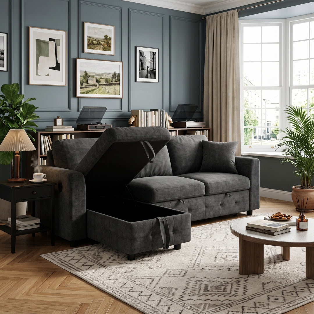 L-Shaped Corner 3-Seater Sofa Bed Grey Chenille with Storage Chaise and USB Charging 200cm ARROWCHEST