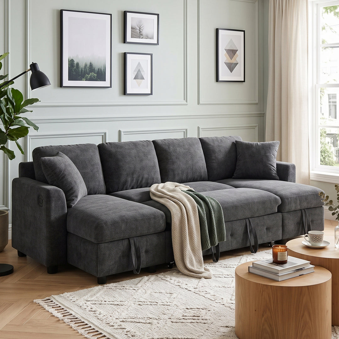 U-Shaped Sectional Sofa Grey Chenille with Pull-Out Bed &amp; 2 Storage Chaises 260cm ARROWCABINET
