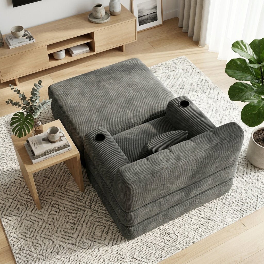 Contemporary Grey Corduroy Lounger with Tufted Back and Cupholders WOOLBASKET