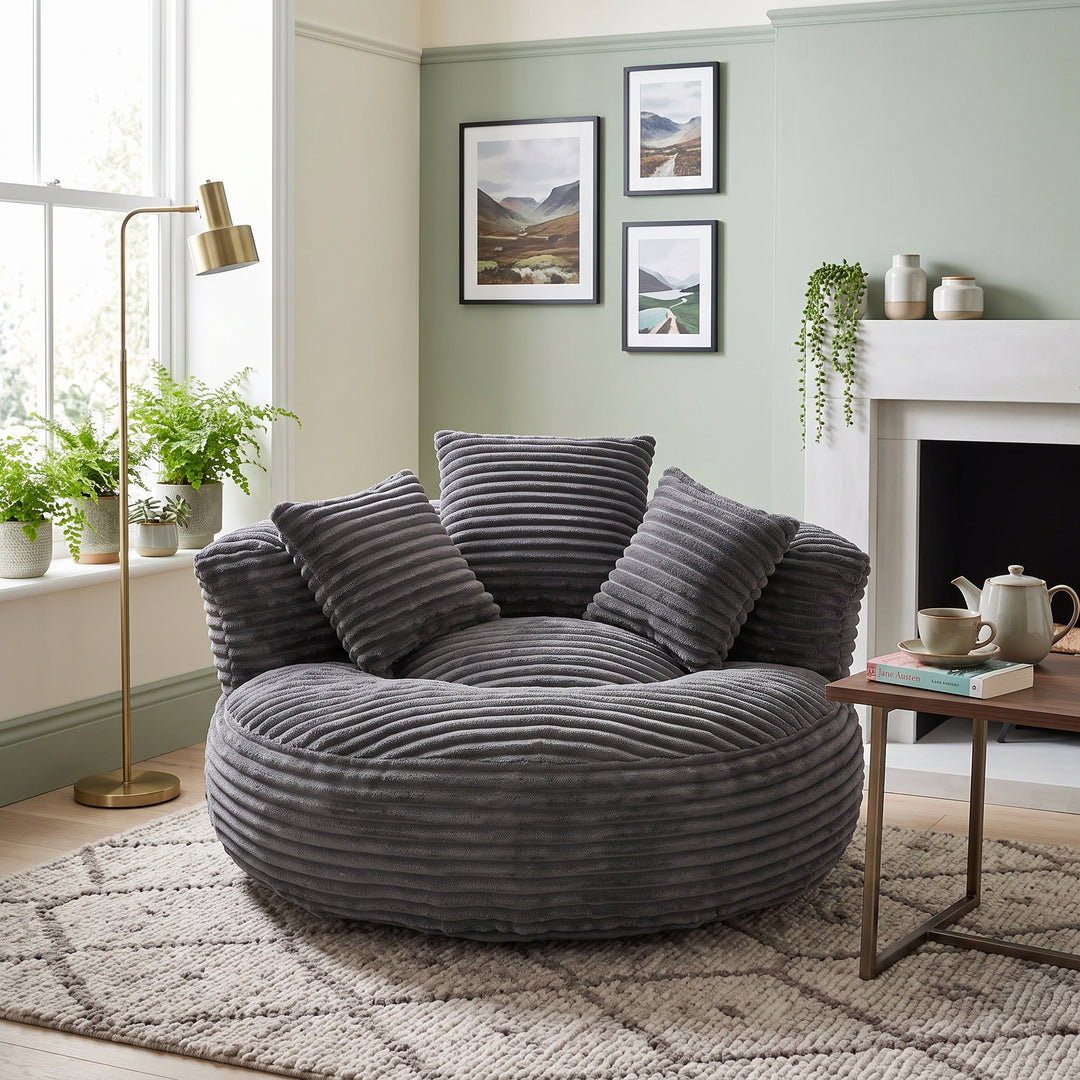 Large bean bag chair with 3 pillows, corduroy armchair, dark grey RACKWORK