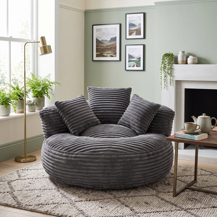 Large bean bag chair with 3 pillows, corduroy armchair, dark grey RACKWORK