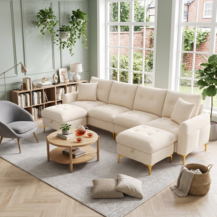 Modular U-Shaped Sofa 4 Seater Beige Chenille with 2 Storage Ottomans WOODMAX