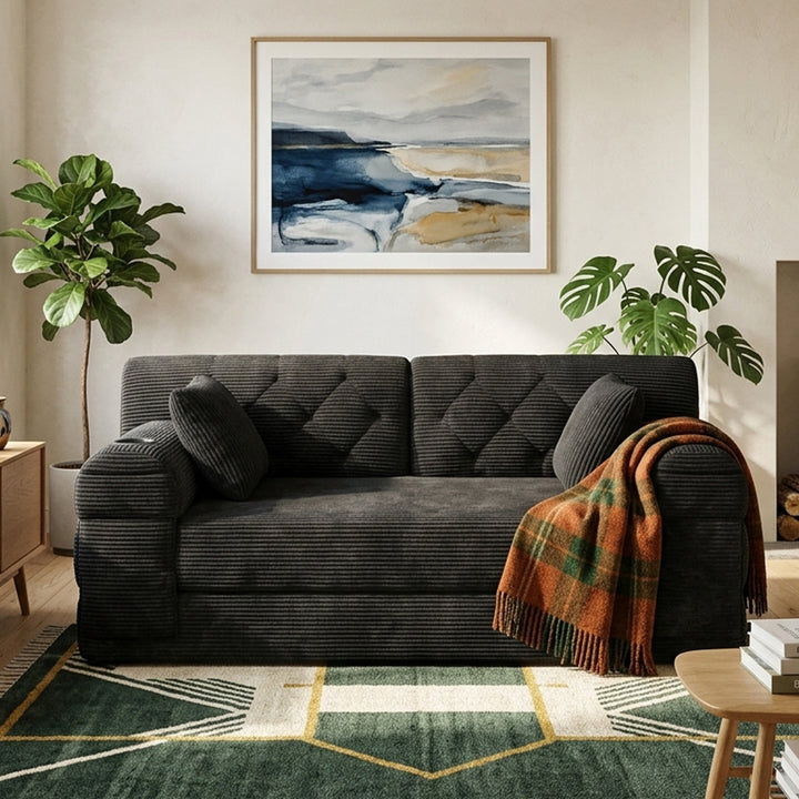 Contemporary Black Corduroy 2 Seaters Sofa Bed Convertible with Tufted Back and Cupholders WOODVANITY