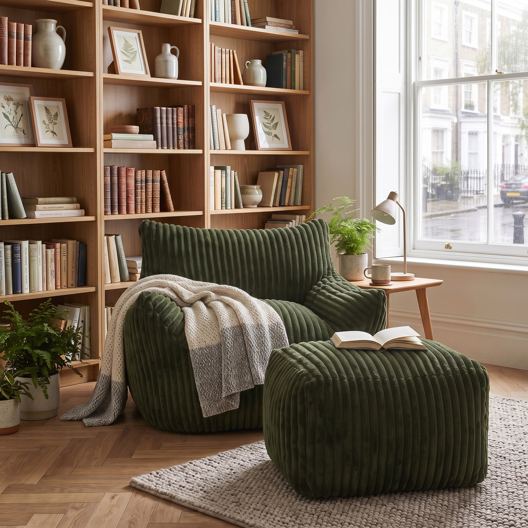 Green corduroy bean bag chair with footstool, comfy lounge seat QUADTHROW