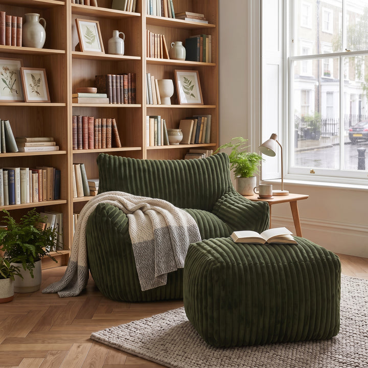 Green corduroy bean bag chair with footstool, comfy lounge seat QUADTHROW