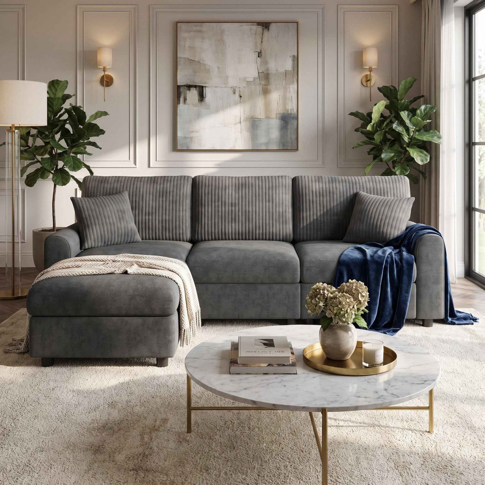 L-shaped corner sofa with ottoman, dark grey chenille 223cm QUADSIDEBOARD