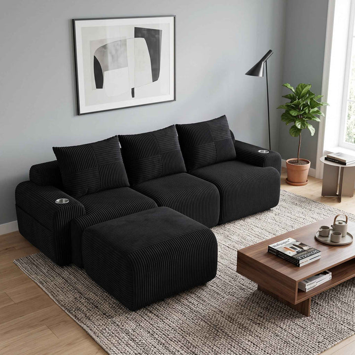 Modular 3-seater L-shape corduroy sofa with ottomans, black, storage pockets RACKGREEN