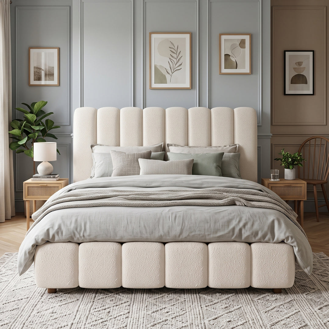 White Bouclé Super King Ottoman Bed & with Storage & Padded Headboard 180x200cm WOODROOM