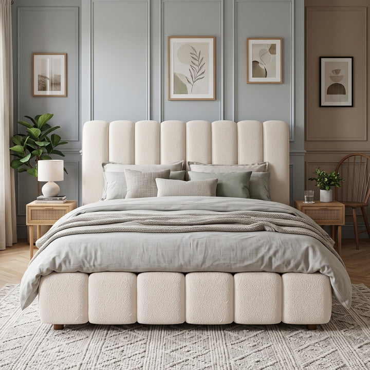 White Bouclé Super King Ottoman Bed & with Storage & Padded Headboard 180x200cm WOODROOM