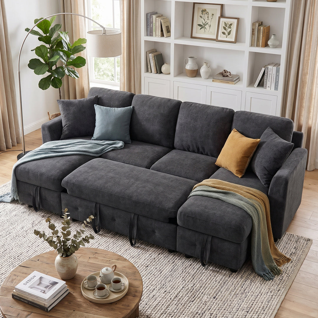 U-Shaped Sectional Sofa Grey Chenille with Pull-Out Bed &amp; 2 Storage Chaises 260cm ARROWCABINET