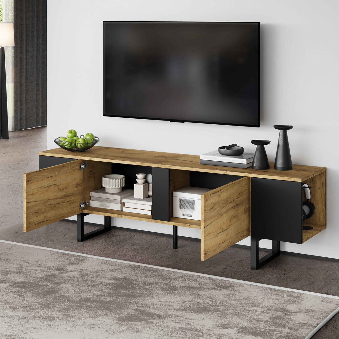 Natural wood & black TV stand up to 2 doors & 2 side cabinets INFINITEMERI