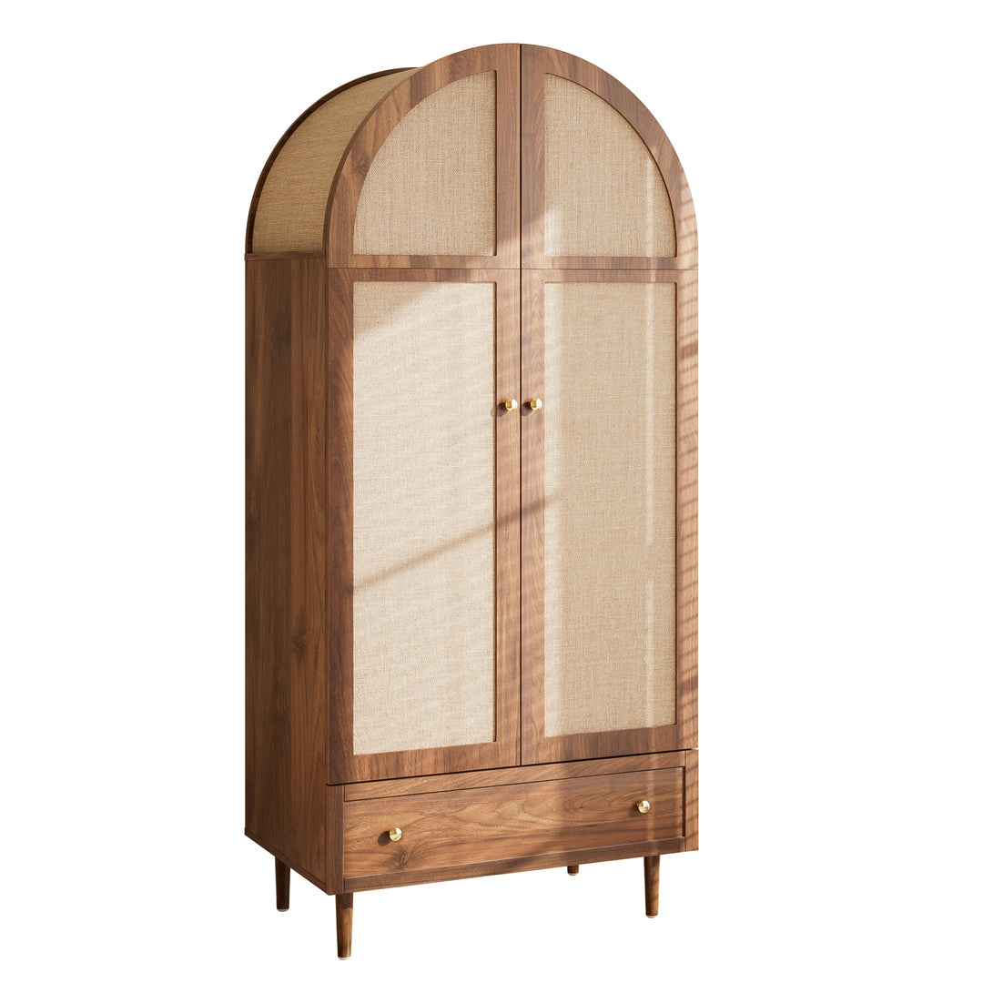 Vintage wardrobe with beige fabric doors, drawer & wooden legs ESTUARYCAY