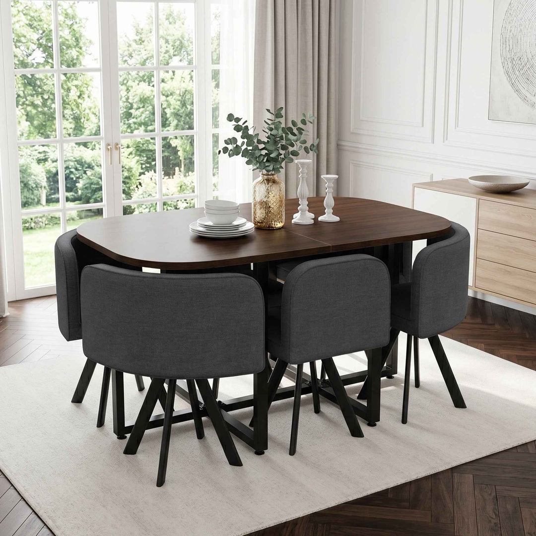 Dining Table and Chairs Set for 6, 140x90cm Walnut MDF Table with 6 Grey Linen Chairs, Space-Saving Metal Frame, Modern Kitchen Dining Set for Small Spaces