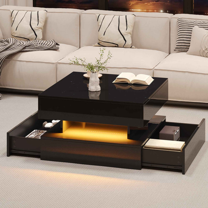 Lift top black high gloss coffee table with LED 2 drawers INFINITEMOMENTUU