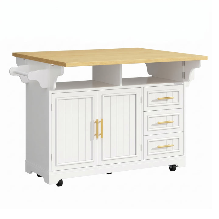 White Kitchen Island on Wheels with Fold-Out Worktop, 3 Drawers and Cabinets ARROWRUG