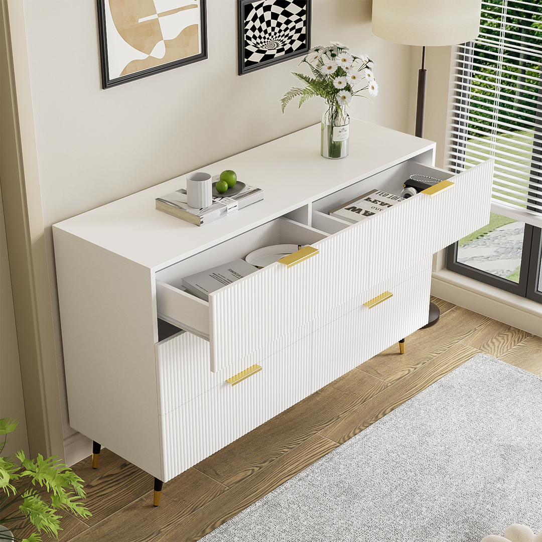 White and gold particle board storage sideboard with 6 drawers FERNGLADE UK