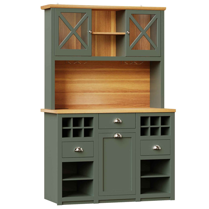 Kitchen hutche green cabinet glass doors LED lighting, wine rack, adjustable shelves