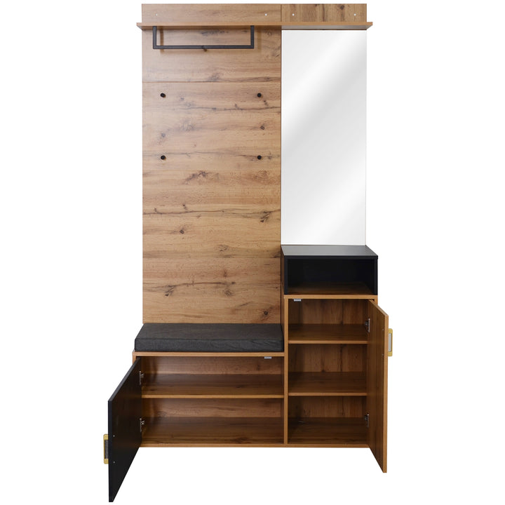 Wooden look entryway coat rack with bench shoe cabinet & mirror CLUBMOSSSPIKE