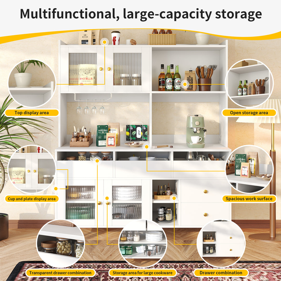 Modern white kitchen cabinet cupboard fluted glass doors, wine rack, and gold accents FROSTGLEN