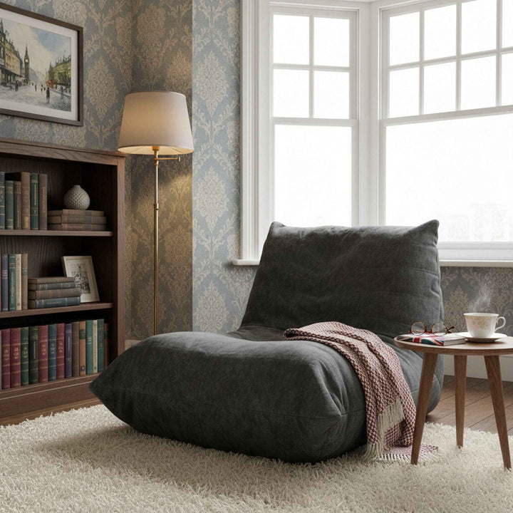 Comfy dark grey chenille bean bag lazy sofa with full-body support & non-slip base CELESTEEN