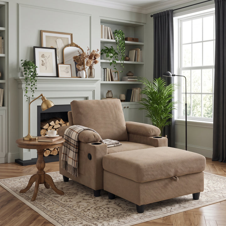 Multi-Functional Camel Corduroy Single Sofa with Adjustable Back and Hidden Storage Ottoman WOODONE
