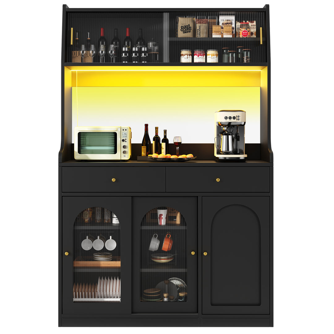 Black high kitchen hutches with glass display and LED lighting BATHOLITH