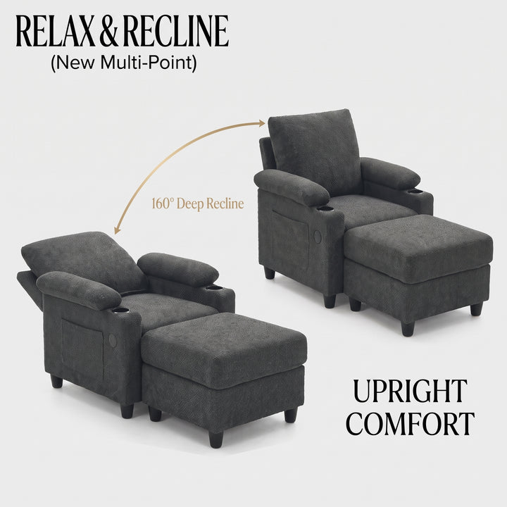 Multi-Functional Grey Corduroy Single Sofa with Adjustable Back and Hidden Storage Ottoman WOODPILLOW