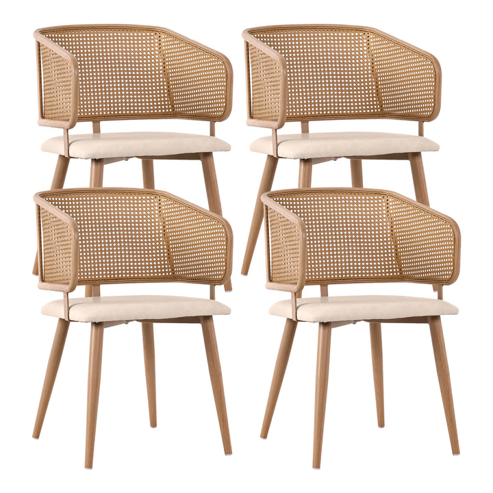 Set of 4 modern beige PU dining chairs with rattan backrest REELING