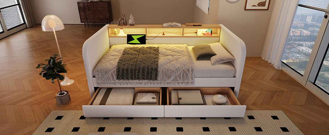 Single Upholstered Daybed 90x190cm with LED Headboard Storage, USB Type-C Charging, 2 Drawers, Linen Beige, Modern Sofa Bed for Bedroom