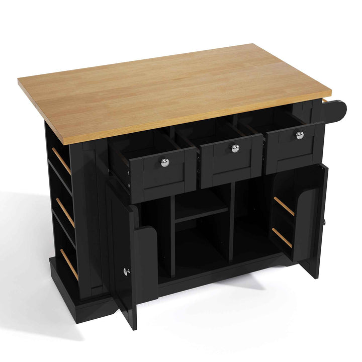 00+Kitchen Island on Wheels 132cm, Foldable Drop Leaf, MDF, Natural+Black, 3 Drawers, Spice Rack, Towel Holder, Charging Station VERTEXKORR