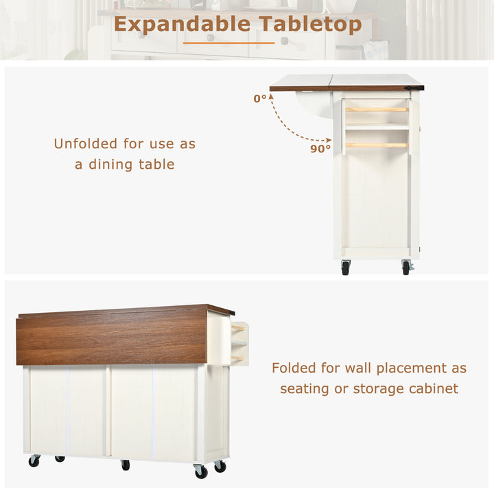 White farmhouse style rolling kitchen island with fold-out top and racks SALTMARSH