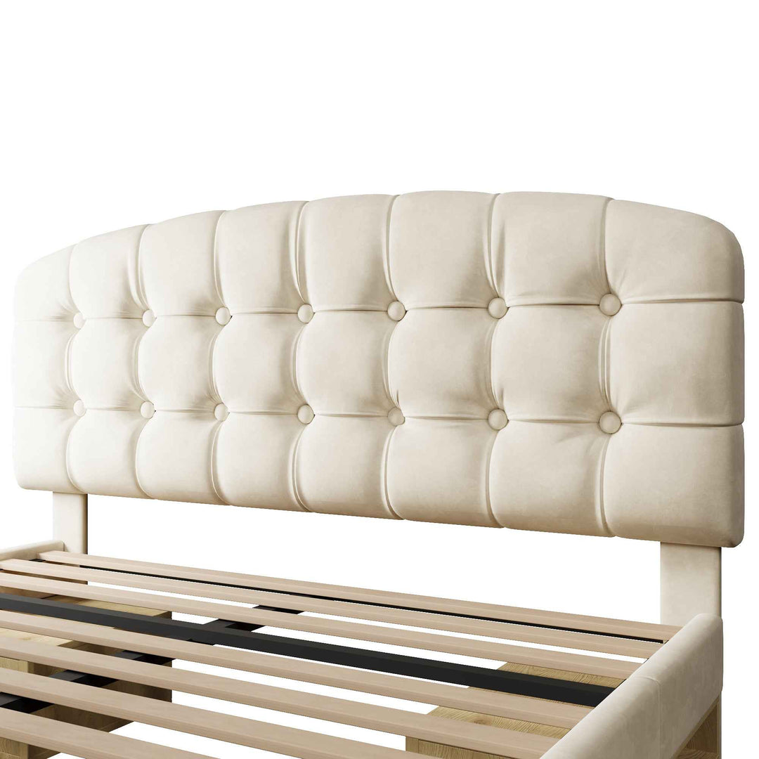 Double Bed Frame with Storage Drawers Velvet Upholstered, 135x190cm, Beige, No Mattress BEDRESIN