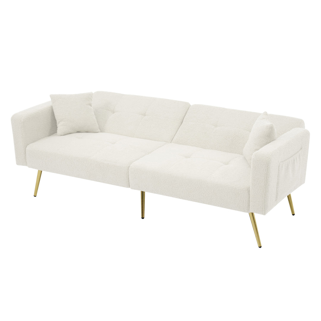 Ivory white sherpa 3-seater clic-clac sofa bed, adjustable backrest & side pocket ALDEN WHITE UK