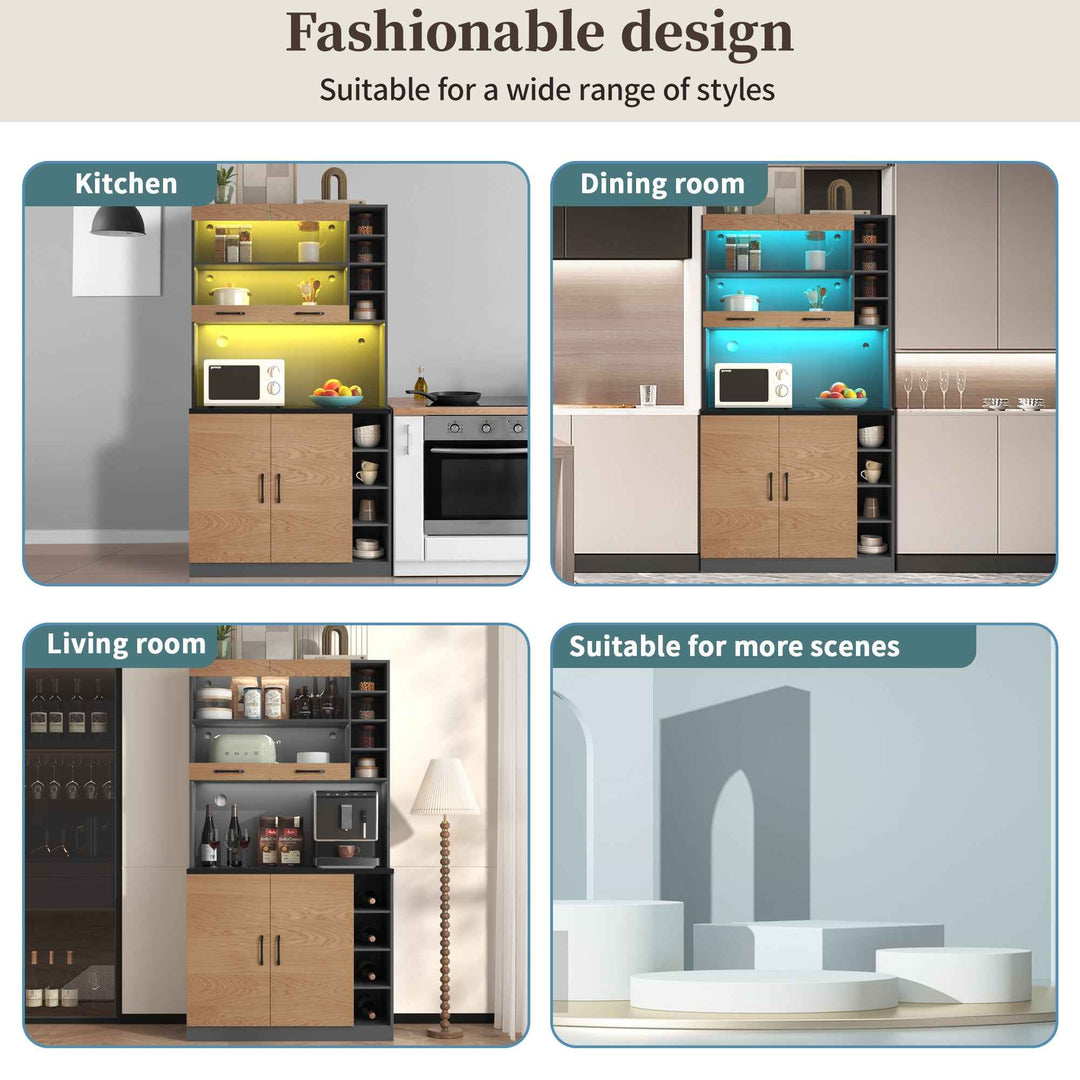 00+Kitchen Tall Cabinet with LED Lighting, Adjustable Shelves, Large Pantry Storage for Microwave VERTEXMORN